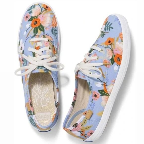 Keds x Rifle Paper Company Blue Lively Floral Sneakers Sz.9 - Picture 1 of 12